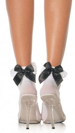 Leg Avenue White Anklets With Lace Trim Ruffle And Black Satin Bow Stockings & Tights