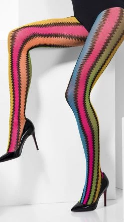 Smiffys Stockings & Tights Crochet Tights Zig Zag Multi Coloured