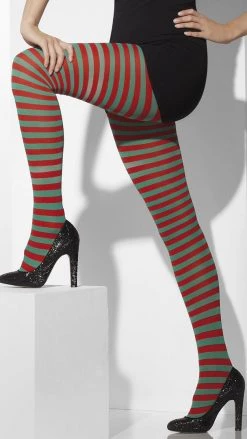 Smiffys Striped Tights Red And Green