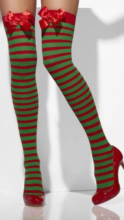 Smiffys Striped Stockings Red And Green With Bow