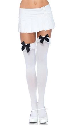 Leg Avenue Stockings With Chiffon Ruffle And Satin Bow White-Black