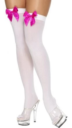 Smiffys Stockings With Satin Bow White-Hot Pink Stockings & Tights