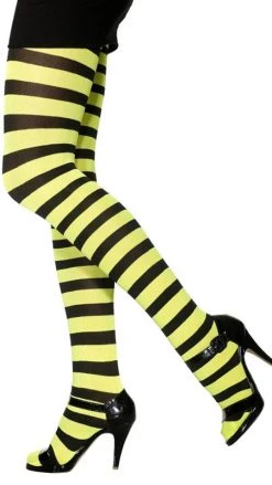 Smiffys Striped Tights Black And Neon Green-Yellow